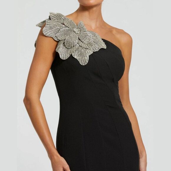 Mac Duggal Size 14 Black Crepe One Shoulder Crystal Flower Long Maxi Dress Gown - Picture 4 of 5